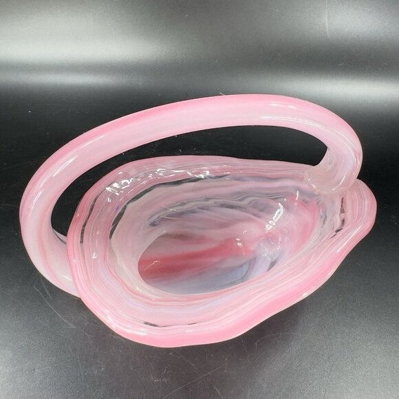 Vintage Sooner Glass Hand Made Pink Swirls Dish Bowl With Handle Basket Handmade - Picture 6 of 14